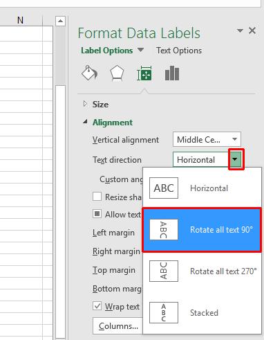 Excel 2016 Advanced Page 48 Within the Alignment section click on the down arrow to the right of Text direction. From the drop down select Rotate all text 90 degrees.