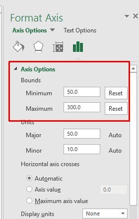 Excel 2016 Advanced Page 52 You can use this side panel to set minimum and maximum axis values as well as specifying the major and minor axis