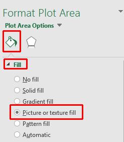 Excel 2016 Advanced Page 62 This will display the Format Plot Area side pane. Click on the Fill button. Click on the Fill option.