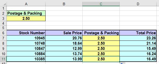 Excel 2016 Advanced Page 75 Copy this formula to cells C8:C11 (by clicking on cell C7, moving the pointer to the bottom-right of the cell, until the mouse pointer changes to the shape of a