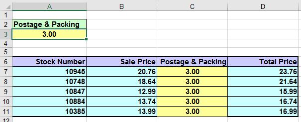 This should automatically change the data in the postage and packing column data.