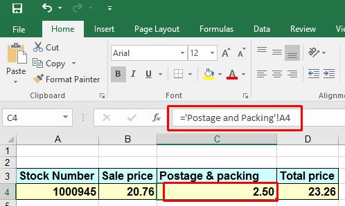 Excel 2016 Advanced Page 77 The formula is: ='Postage and Packing'!A4 This formula established a link between the two worksheets, within the workbook.