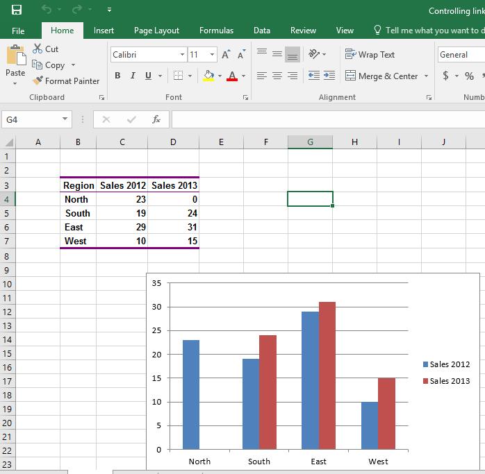 Excel 2016 Advanced Page 83 Updating, locking and breaking links Open a workbook called Controlling links. This worksheet contains a table of data and a chart.