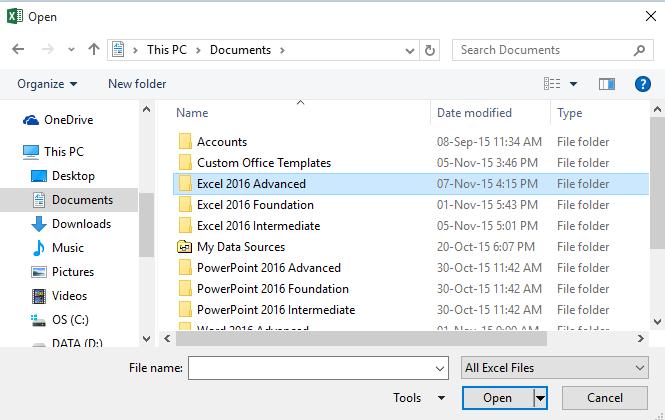 Excel 2016 Advanced Page 89 Double click on a folder called Excel 2016 Advanced to