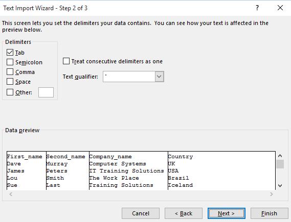 Excel 2016 Advanced Page 91 Click Next and the Text Import Wizard (Step 2 of 3) dialog box is displayed.