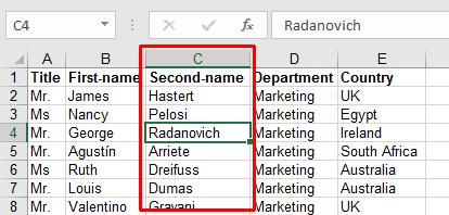 In this example, we wish to sort the data by second name, and then by first name.
