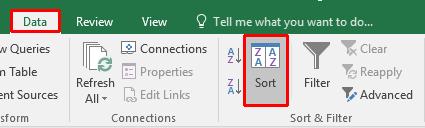 Excel 2016 Advanced Page 96 Click on the Data tab and within the Sort & Filter group click on the Sort button. This will display the Sort dialog box.