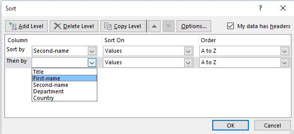 Excel 2016 Advanced Page 97 Click on the Add Level button. A second sort level will now be displayed as illustrated.