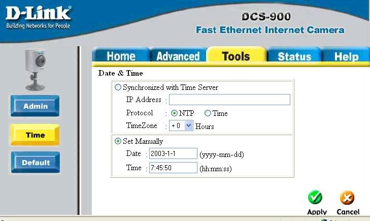 DCS-900 Configuration (continued) Tools > Time The Time menu sets the DCS-900 s time and date requirements to provide correct information to users who are accessing from a remote site.
