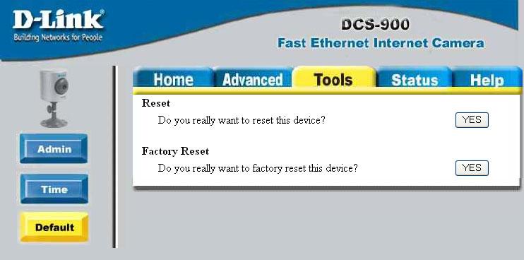 DCS-900 and returns all settings to their default values. The Factory Reset will prompt you with a Do you really want to factory reset this device?