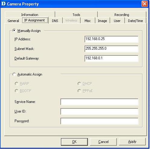 IPView Lite (continued) Camera Property Settings > IP Assignment IP Assignment If you need to change your IP Address, select the IP Address tab in the Camera property