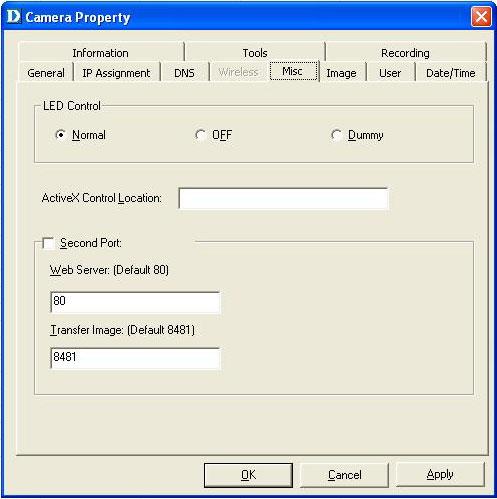 IPView Lite (continued) Camera Property Settings > Misc, Image Misc Configure the LED Control, ActiveX control