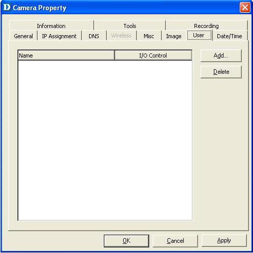 IPView Lite (continued) Camera Property Settings > Users Users Set up user accounts with user name and password for camera access.