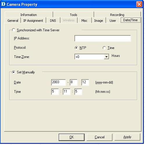 IPView Lite (continued) Camera Property Settings > Date/Time Date/Time Set the camera s time and date to provide correct time information for remote users
