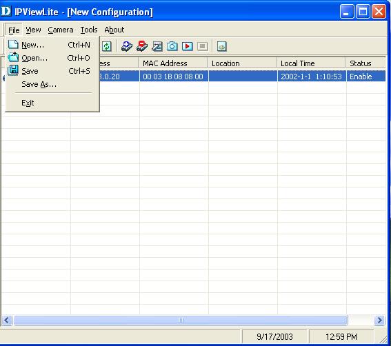 IPView Lite (continued) Menu Bar The menu bar makes it easier to navigate IPView Lite. All Management functions can be accessed from the menu bar. Menu Bar > File New > Opens a new camera list.