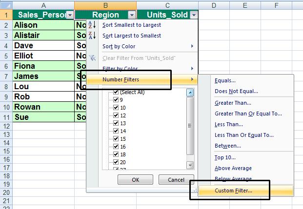 Click on the down arrow in the Units Sold column, and select the Number Filters command.
