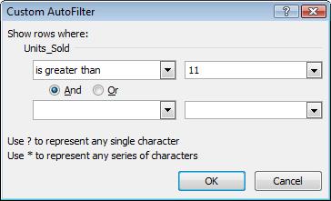 Excel 2010 Advanced Page 130 The Custom AutoFilter dialog box is displayed.