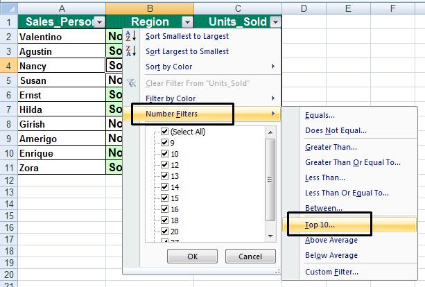 Click on the down arrow in the Units_Sold column.
