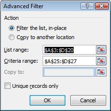 Filter dialog box. Excel should have automatically entered your list range into the List range box.