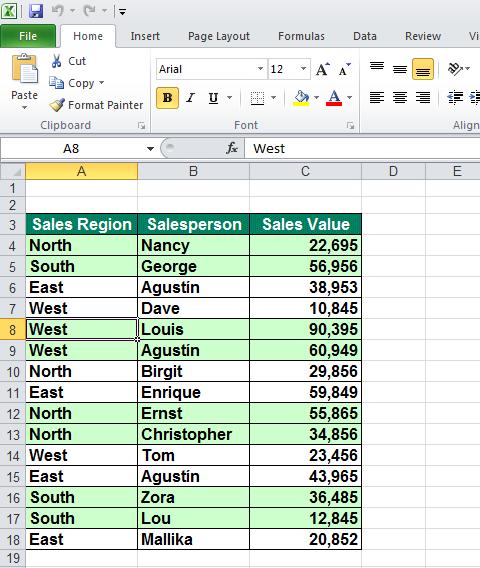 Excel 2010 Advanced Page 137 Click within the Sales Region column.