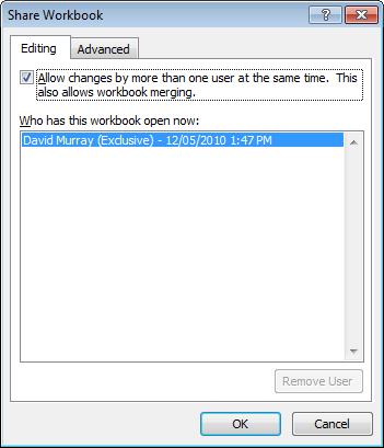 Excel 2010 Advanced Page 154 A dialog box will be displayed. Click on the OK button to continue. If you look at the Title Bar you will see that the workbook is described as shared.