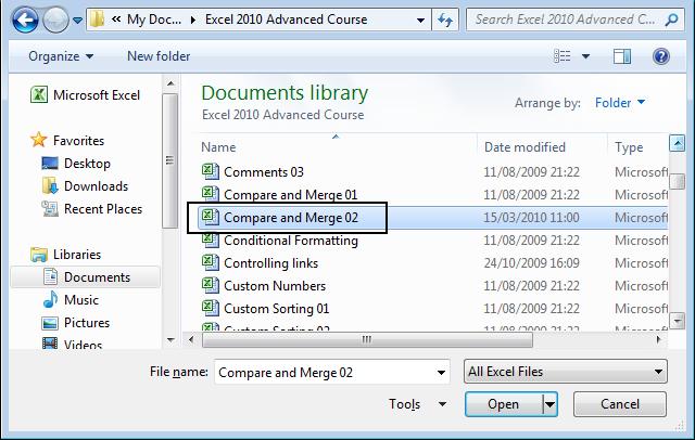 Excel 2010 Advanced Page 158 Reopen the original workbook called Compare and Merge 01. Within the Quick Access Toolbar, click on the Compare and Merge Workbooks icon.