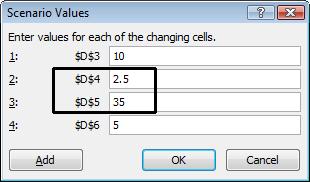Excel 2010 Advanced Page 166 I.e. in the $D$4 text box enter 2.5 I.e. in the $D$5 text box enter 35. Click on the OK button. You will be returned to the main Scenario Manger dialog box.