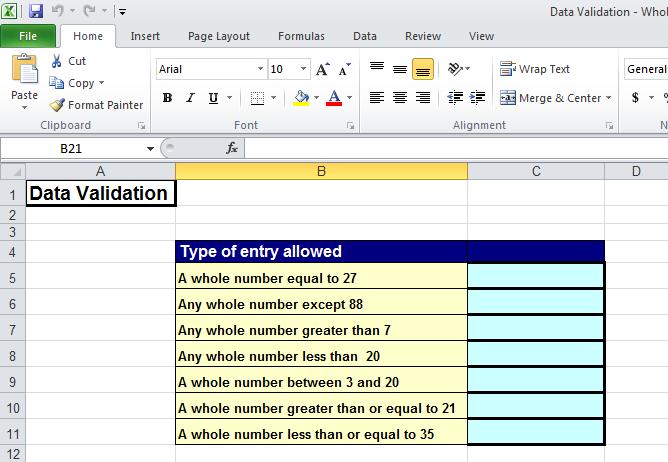 Excel 2010 Advanced Page 175 Validating. Data validation - Whole number. Open a workbook called Data Validation - Whole number. Click on cell C5.