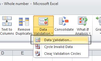 Excel 2010 Advanced Page 176 This will display the Data Validation dialog box. Make sure that the Settings tab is selected.