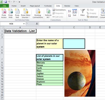 Excel 2010 Advanced Page 184 Click on cell C4. Click on the Data tab and within the Data Tools group click on the upper part of the Data Validation button. This will display the Validation dialog box.
