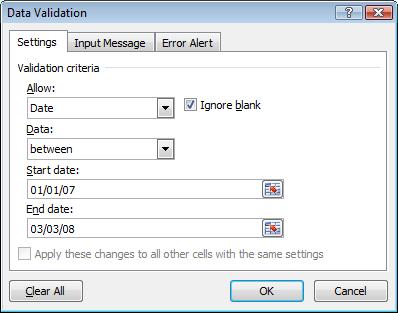 Excel 2010 Advanced Page 189 Click on the OK button to close the dialog box. Click on cell C5 and type in a date that lies outside the specified date range. You will see an error message displayed.