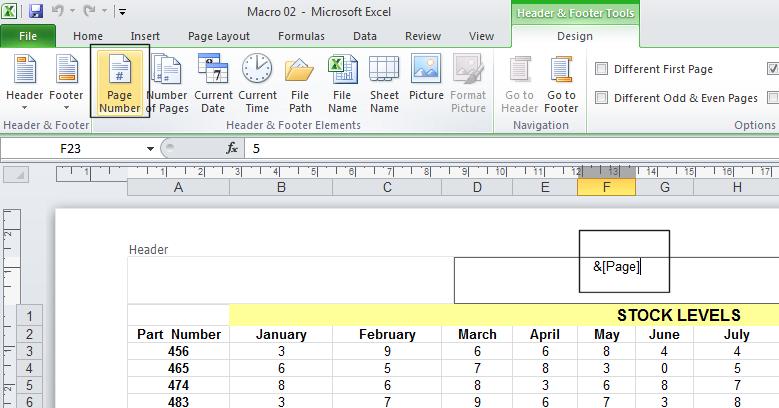 Excel 2010 Advanced Page 228 You can insert text into the header or you can use items within the Header & Footer Elements group within the ribbon, to insert fields into the header.