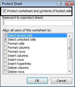 Excel 2010 Advanced Page 252 Click on the OK button to close the Protect Sheet dialog box. Try deleting the text in the range B2:B6.