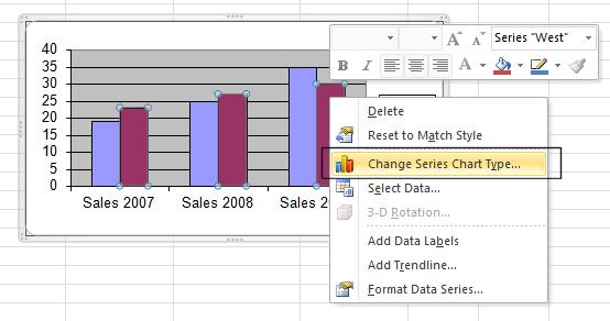 Excel 2010 Advanced Page 41 Right click and you will see a pop-up menu displayed. From the pop-up menu displayed, select Chart Series Chart Type.