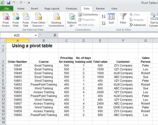 Excel 2010 Advanced Page 7 Pivot Tables. Creating and using a pivot table.
