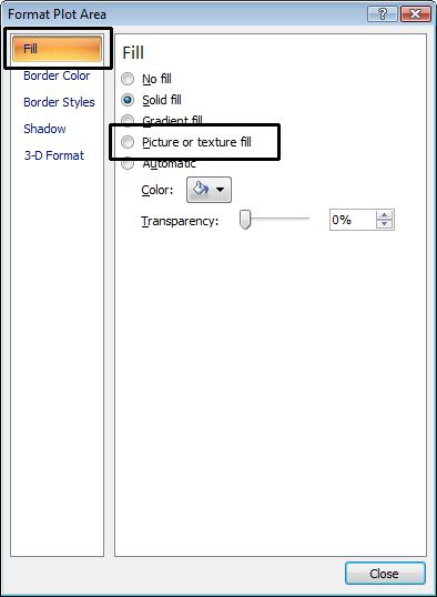 Excel 2010 Advanced Page 73 This will display the Format Plot Area dialog box. Click on the Fill option.