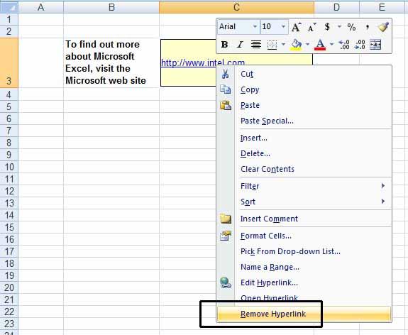 Excel 2010 Advanced Page 86 Removing a Hyperlink To remove the hyperlink, right click over the hyperlink and from the pop-up menu displayed, select the Remove Hyperlink command.