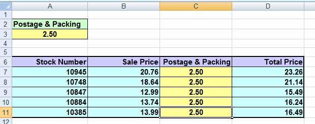 Excel 2010 Advanced Page 88 Click on cell A3 and change the value to 3.0. This should automatically change the data in the postage and packing column data.