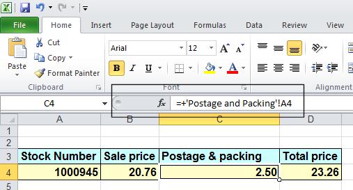 Excel 2010 Advanced Page 90 The formula is: ='Postage and Packing'!A4 This formula established a link between the two worksheets, within the workbook.
