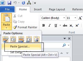 Excel 2010 Advanced Page 95 This will display the Paste Special dialog box. Click on the Paste Link button and then click on the OK button. The chart will be displayed within Word.
