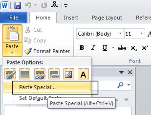 Paste Special command. This will display the Paste Special dialog box. Click on the Paste Special link and then click on the OK button.