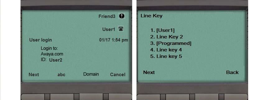 Multiuser Figure 37: Secondary Login screens You can specify the Line Key to which the new account is associated. By default, the first unused key is selected.