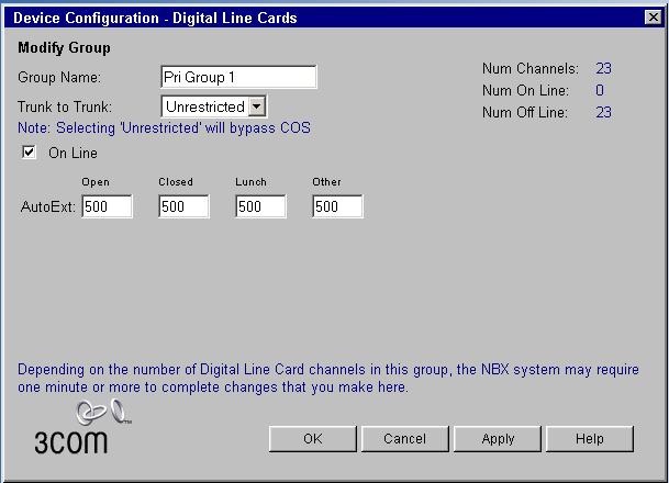 Step 5 ) This step has two parts for configuring the trunk group. Step 5 a) Click Device Configuration Digital Line Cards. Set Select Device Type to T1 Group List. Click Apply. Click Group 1.