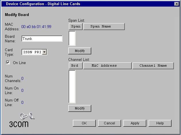 Step 3 ) Click Modify and ensure that the Card Type is ISDN PRI and that the
