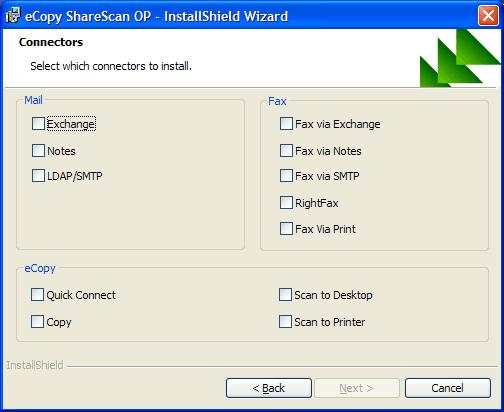 ecopy ShareScan OP Installation and Setup Guide 15 5 Click Next. 6 Select the connectors you want to install and then click Next.