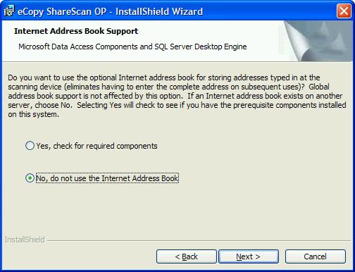 16 Installing ecopy ShareScan OP Note: For information about installing the required components, see the Installing MSDE from the setup launcher section in the ecopy ShareScan OP Configuration Guide.