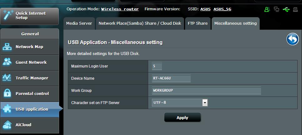 Miscellaneous setting Miscellaneous setting allows you to configure other settings for the USB disk, including the maximum number of user logins, the device name, work group, and character set used