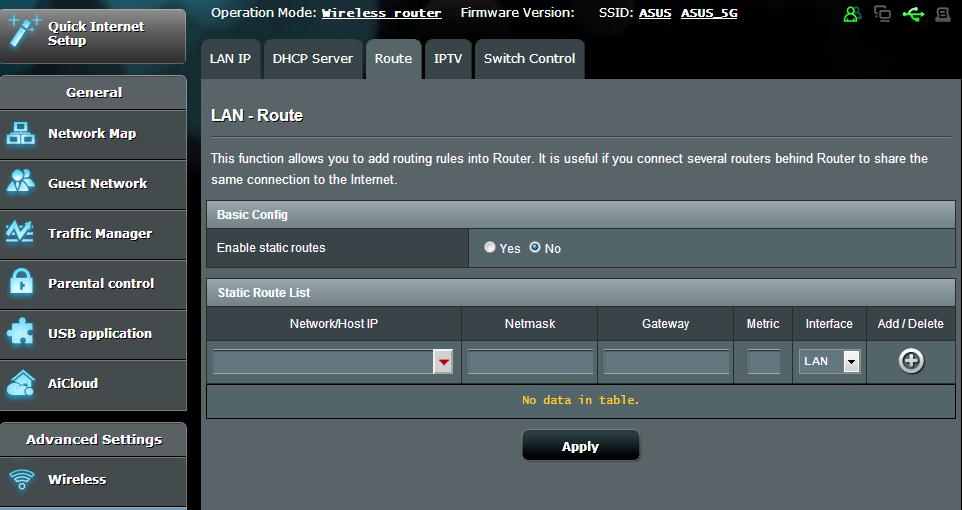4.2.3 Route If your network makes use of more than one wireless router, you can configure a routing table to share the same Internet service.