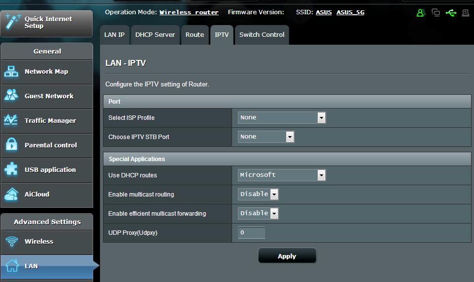 4.2.4 IPTV The wireless router supports connection to IPTV services through an ISP or a LAN.