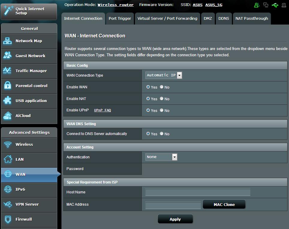 4.3 WAN 4.3.1 Internet Connection The Internet Connection screen allows you to configure the settings of various WAN connection types. To configure the WAN connection settings: 1.